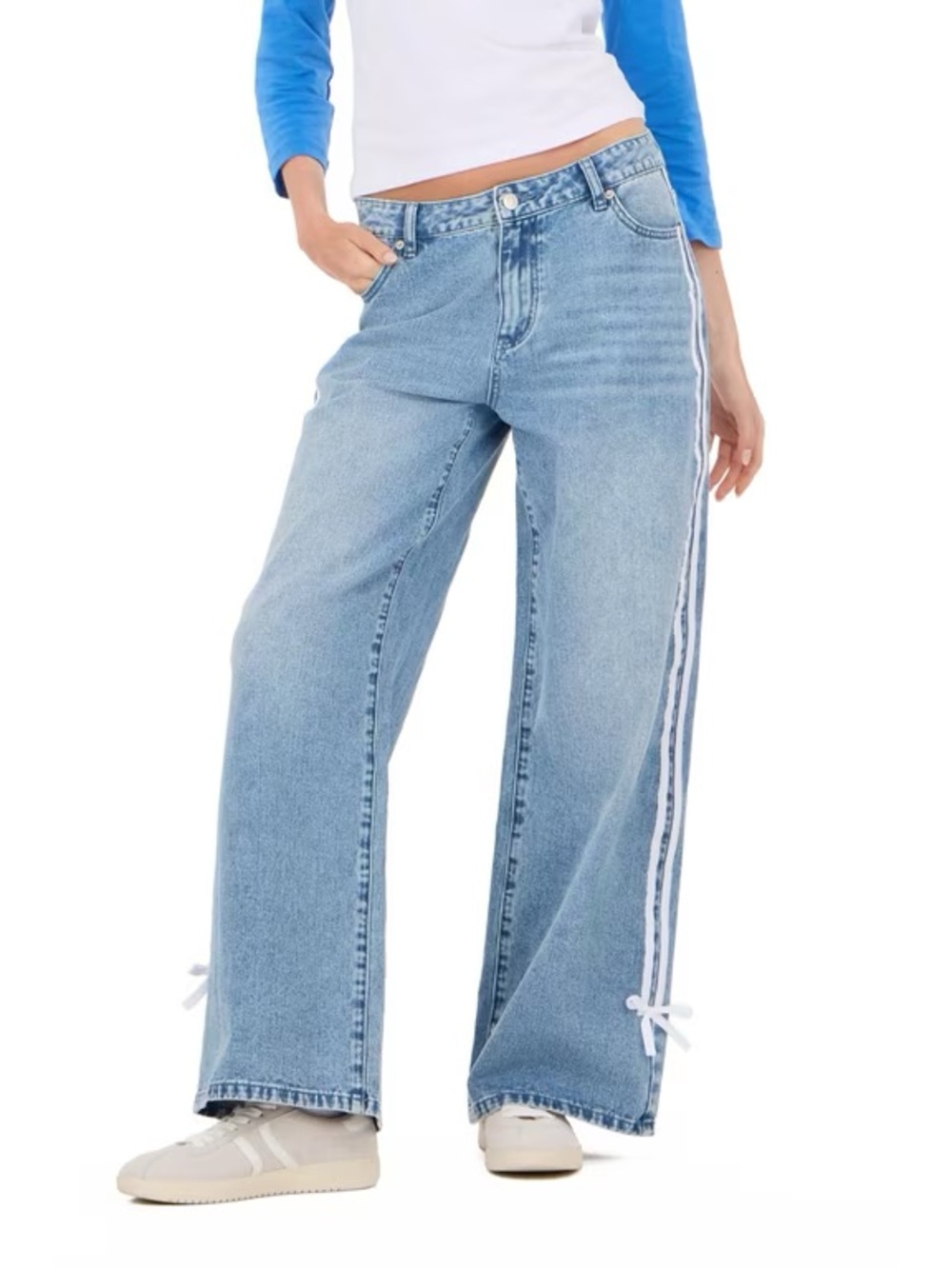 Forever 21 Blue Denim Wide-Leg Jeans with White Side Stripes